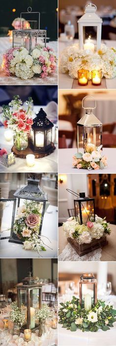 many different pictures of candles and flowers on the table at a wedding or other function