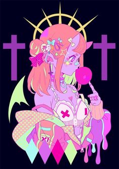 an illustration of a woman with pink hair holding a guitar and standing in front of a cross