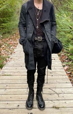 Goth Jacket Men, Health Goth Men, Black Masculine Outfits, Medieval Goth Men, Different Guy Aesthetics, Clothes For Ocs Male, Witchy Mens Outfit, Mens Fashion Goth, Goth Guy Fashion