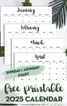 the free printable calendar for january and march with palm leaves on it, next to a