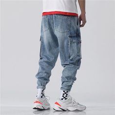 Hot Fashion Streetwear Men's Loose Holes Nine-point Jean – Kidenhouse Knee Hole Jeans, Ripped Jeans For Men, Denim Cargo Jeans, Mens Running Pants, Camouflage Jeans, Spring Jeans, Jeans Outfit Men