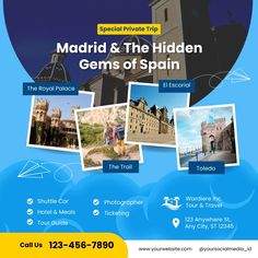 an advertisement for the madrid and the hidden gems of spain tour with pictures of buildings