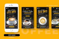 three coffee banners on an iphone and one with a cup of coffee in the middle