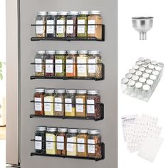 the spice rack is hanging on the wall next to several jars and spices in glass containers