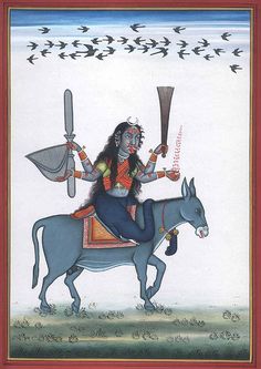 Watercolor on PaperArtist: Kailash Raj - Goddess ShitalaThis exquisitely drawn four-armed donkey-riding female divinity is one of the numerous aspects of goddess Kali worshipped all over the rural belt of India as Shitala Mata  perhaps Kali's most widely worshipped form. The protector of granary, commander of winds and giver of ample rain, good crop and abundant food, Shitala Mata has thousands of shrines devoted to her many of which are sites of days' long fairs. On Nava-ratri and Nava-Durga e Shitala Mata, Om Namah Shivaya, Hindu Mythology, Indian Folk Art, Indian Paintings