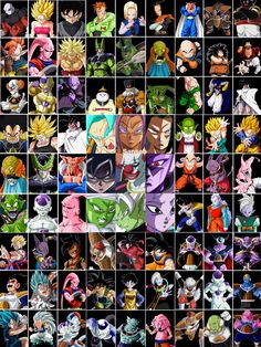 many different images of dragon ball characters in multiple squares, all with their names on them