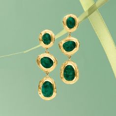 Ross-Simons - 17.90ct t. w. Emerald Station Drop Earrings in 18kt Gold Over Sterling. Opulent, artsy and affordable! These color-rich drop earrings feature trios of 17.90 ct. t. w. oval and pear-shaped emeralds in organic-shaped stations of 18kt yellow gold over sterling silver with textured and polished finishes. Hanging length is 1 7/8". Post/clutch, emerald drop earrings. Emerald birthstones are the perfect gift for May birthdays. May Birthdays, Emerald Drop Earrings, Emerald Earrings Drop, Emerald Birthstone, Earrings Emerald, May Birthday, Women Men Shoes, Wedding Shop, Pear Shaped