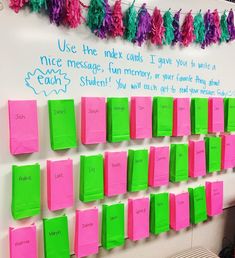 pink and green sticky notes pinned to a white board with writing on it that says use one index mark