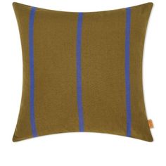 a brown pillow with blue stripes on it