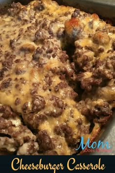 cheeseburger casserole in a baking pan with the title above it