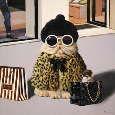 a painting of a cat wearing sunglasses and a leopard coat with a purse next to it