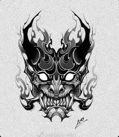 a black and white drawing of a demon mask with flames on it's face