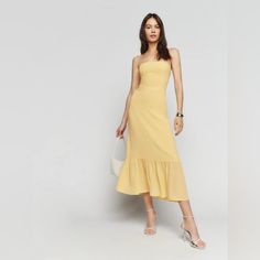 Reformation Arta Yellow Dress. New With Tags. Tags Have Been Removed But Never Worn. White Linen Dresses, Trumpet Skirt, Yellow Midi Dress, Sheer Skirt, Reformation Dress, Silky Dress, Strapless Maxi, Reformation Dresses, Silk Midi Dress