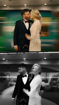 two different pictures with one man and the other woman in formal wear, both wearing tuxedos