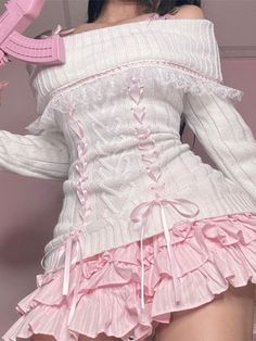 Cute Lace Outfits, Cute Pink Fits, Cute Outfit With Skirt, Cute Skirts Outfits, Pink Women Outfits, Pink Clothes Outfits, Pretty Pink Outfits, Sweaters Over Dresses, Cute Pink Things