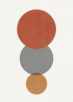 an abstract painting with circles and stripes on it's sides in red, orange, black and white