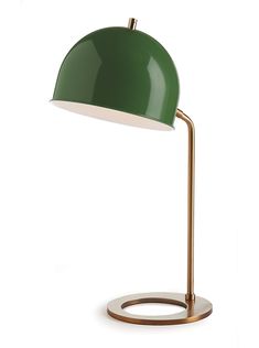 a green table lamp with a white light on the base and a gold metal stand