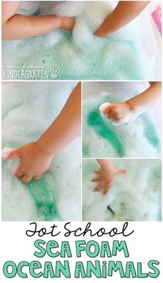 the process for making sea foam ocean animals is shown with hands and feet in water