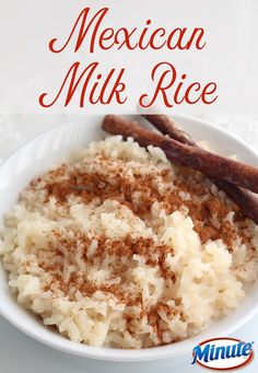 mexican milk rice in a white bowl with cinnamon on top and the words, how to make mexican milk rice