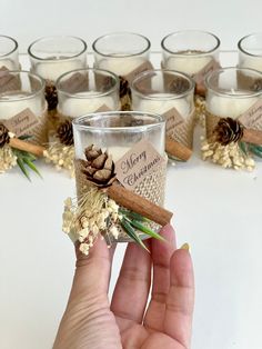 a hand holding a small glass candle holder with cinnamon stick and pine cones on it