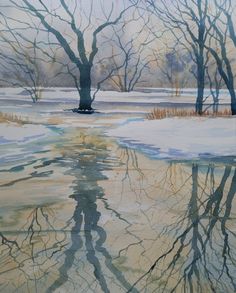 a painting of trees reflected in water with snow on the ground and ice covered ground