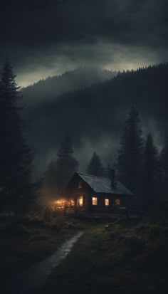 a cabin in the woods at night with fog and light coming from it's windows