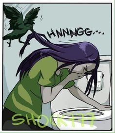 a woman is sitting on the toilet in front of a bird flying over her head