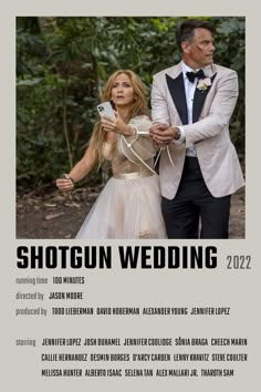 a man and woman standing next to each other in front of trees with the words shotgun wedding on it