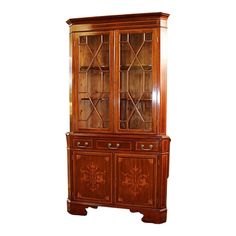 an antique china cabinet with glass doors on the top and bottom, in mahogany wood