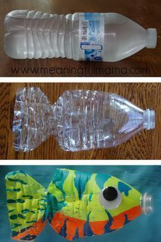 an image of two plastic bottles in the water and one with a fish on it