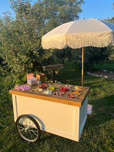 a table with an umbrella over it in the grass