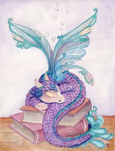 a drawing of a dragon sitting on top of books with wings flying above its head