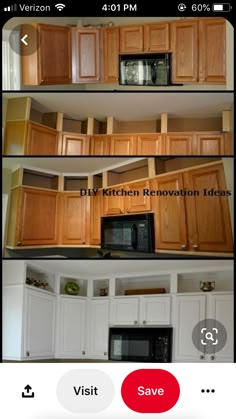 four pictures of different types of cabinets and microwaves in various stages of being built