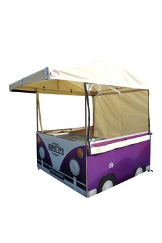 a purple and white food cart with a canopy over it's top on a white background