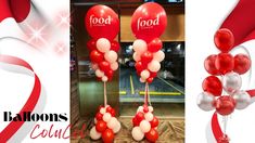 balloons in the shape of hearts are on display at a storefront with red and white ribbons