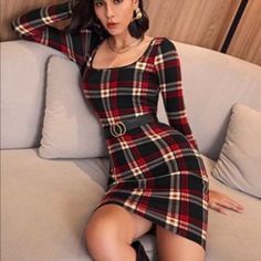 Fall In Love With This Plaid Mini Dress Which Is Perfect For Cooler Weather Styling. Leggings, Tights And Boots Will Rock This Dress!! Plaid Mini Dress, Dress Graduation, Flannel Dress, Off Shoulder Fashion, Tartan Dress, Square Neck Dress, Long Sleeve Bodycon, Long Sleeve Bodycon Dress, Business Casual Outfits