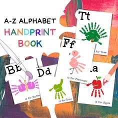 four different handprint books with pictures of hands and letters on the front, one is for