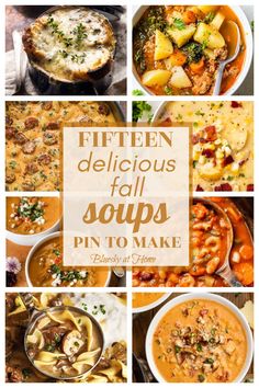 different soups are shown with the words fifteen delicious fall soups pin to make