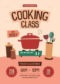 Cooking Class Flyer Advertisement Poster For School Project, Advertising Posters Design, Cooking Class Flyer, Cooking Poster Design, Advertisement Ideas For School Project, Cooking Graphic Design, Class Flyer Design, Aesthetic Flyer, Cooking Classes Design