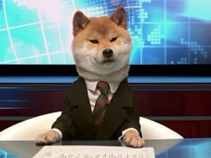 a dog in a suit and tie sitting at a desk with a news paper on it