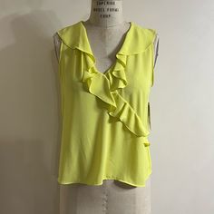 Zara Yellow Ruffle V Neck Tank Blouse Bust 40” Elegant Yellow V-neck Top, Elegant Yellow Summer Blouse, Yellow Sleeveless Blouse For Work, Elegant Yellow Sleeveless Blouse, Elegant Sleeveless Yellow Blouse, Elegant Yellow Tops For Summer, Elegant Yellow Summer Tops, Yellow Sleeveless Top With Ruffles, Yellow V-neck Ruffle Blouse