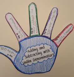 a hand with writing on it that says adding and subtracting with unlike denomints