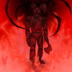 a cartoon character standing in front of a red background with flames and demon like shapes