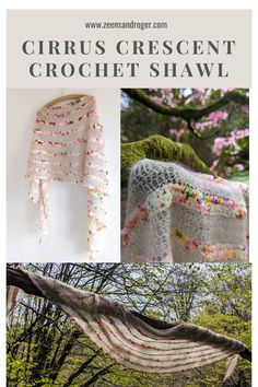 the crochet shawl is hanging on a tree branch and has been made with yarn