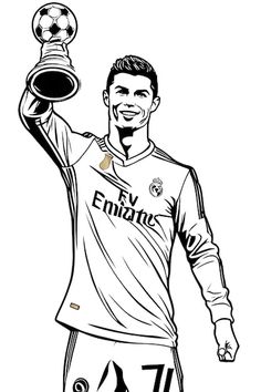 a black and white drawing of a soccer player holding a trophy