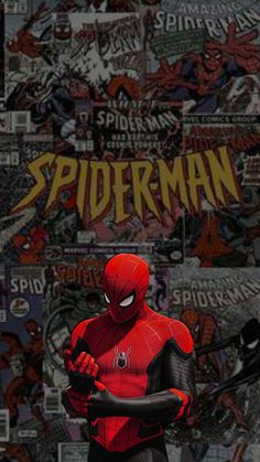 a spider man standing in front of a wall full of comics