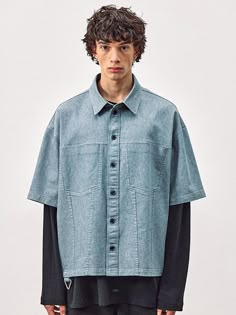 Blue Denim Shirt For Streetwear, Mens Utility Shirt, Cotton Patchwork Shirt For Streetwear, Streetwear Camp Shirt With Button Closure, Blue Denim Streetwear Shirt, Streetwear Button-up Shirt With Patch Pockets, Mens Fashion Denim, Fancy Shirt, Unique Pockets