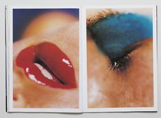 an open book with two pictures of the same woman's lips