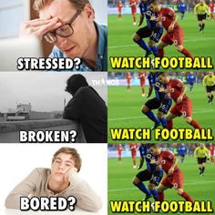 four different memes showing the same person in front of a soccer field and one with glasses on his head