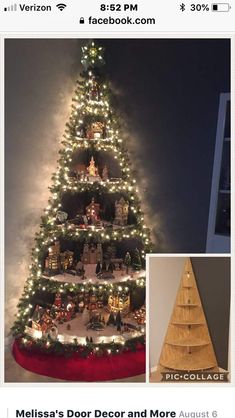 a christmas tree with lights and decorations on it, next to an instagram page